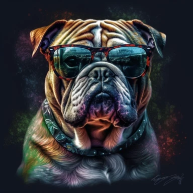 cool bulldog with sunglasses clipart on a black background, birds wiew, style fusion, Serene, Arcade, Funky Seasons, full body, Texturing, Faded, Digital painting, olive colors, Dreamlike, hard lighting, Highly detailed, high quality