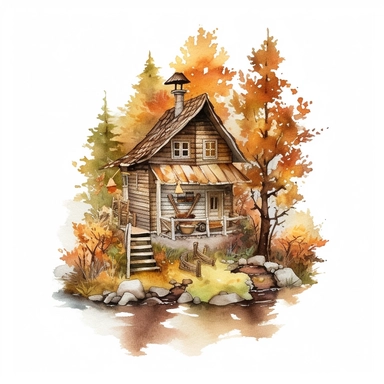 watercolor, hyper realistic, white background, white margins, 16k, ultra detailed clipart, cut out image, hand-drawn a cozy cabin nestled amidst a forest of autumn trees, exuding a sense of warmth and tranquility. earthy color, in the style of pencilsteampunk, delicate watercolor, creative commons attribution, miniaturecore, grocery art, white and amber, website