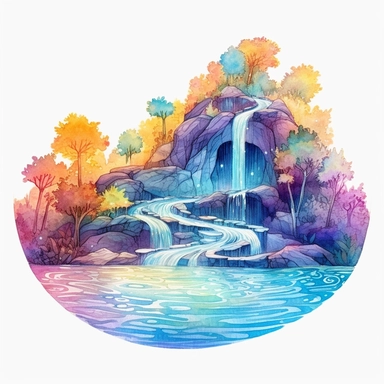 curved holographic waterfall with multiple paths. Watercolor Clipart. watercolor clipart. normal lighting to make the scene come to life. The colors should be life-like and artsy, giving the waterfall an ethereal quality. The composition should showcase the best view of the scene. Please ensure that the watercolor art style does not cause confusion with the actual water in the scene, as the water is holographic.