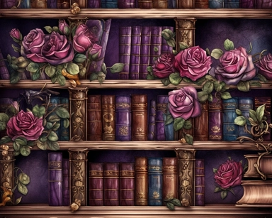 Royal Steampunk ClipArt, background paper, wall paper style, library, rows of books and wooden bookcases, roses, Watercolor Steampunk PNG, Victorian Clipart, Fantasy Clipart, deep purple