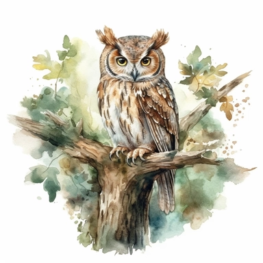 watercolor an owl sits on a dry old tree, green leaves, warm, soft glow through the trees, trees in the background, twinkling fairy lights, hyper realistic, isolated white background, 8k, ultra detailed clipart, warm green and brown