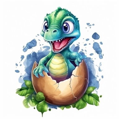 t-rex baby cute dinosaur hatching from egg, realistic, kids cartoon sublimation watercolor clipart design