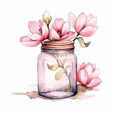 watercolor illustration, spring pink, magnolia flowers, in clear glass, mason jars, clipart, line HD, png background
