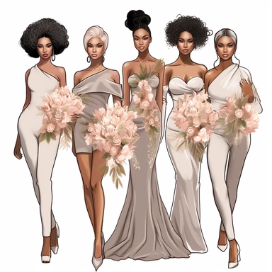 clipart, ultra realistic, hand drawn, Bridesmaids wearing the color taupe, carring bouques of summer florals, Full body. Clothing line, retail fashion, 2023, fashionnova, African american, mid sized models. Highly detailed. very attractive, glamorous, make up beautiful, gorgeous, glowing make - up. full body and heels. multiple outfits. individually spaced far apart. stunning hasina parker illustration, boss lady, clear, complete body, 4k