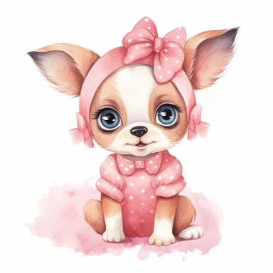 Cute cartoon baby dog girl with big eyes in beautiful pink pastel summer clothes, clipart, hand painting watercolor, watercolor paper textute , white background