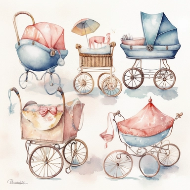 Generate a watercolor clipart series of classic baby items, such as prams, bassinets, and mobiles. The colors should be soft and soothing, with lots of pale blues, pinks, and yellows. The images should be detailed and sophisticated, with clean lines and refined details, white background