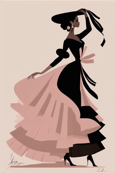 <https://s.mj.run/VafKh_OyowI> Mary Blair style, minimalistic nordic style single clipart, single black traditional spanish flamenco dancer fashion model, minimalistic pastel pink color palette,