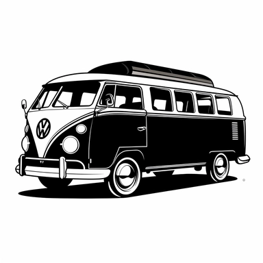 a simple fully black silhouette about a vw caravan car, clipart, white background