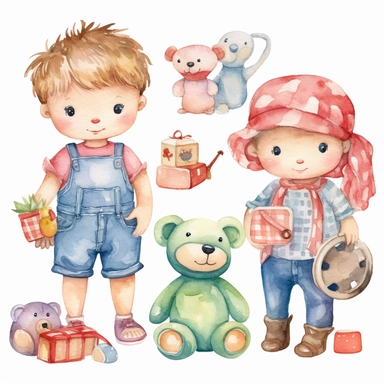 cute baby toys watercolor girl and boy clipart