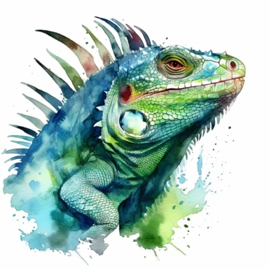 Green iguana, watercolor, sharp illustration clipart, insane detail, white background