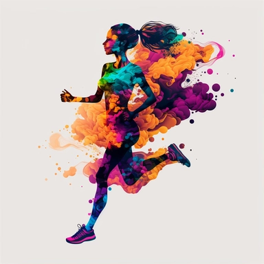 running woman clipart with no background with geometric shapes and smoke fullbleed epic graphic visual design colorfull features optic energy and kinetic energy + Elastic Potential Energy + kinetic mechanical energy graphic that has motivation and energy in style, design, vibrant, fiery camo features a dynamic and visually striking design that incorporates a coral and lively color palette, design is also very modern and minimalistic, giving it a clean and sleek look, no text, high quality, highl