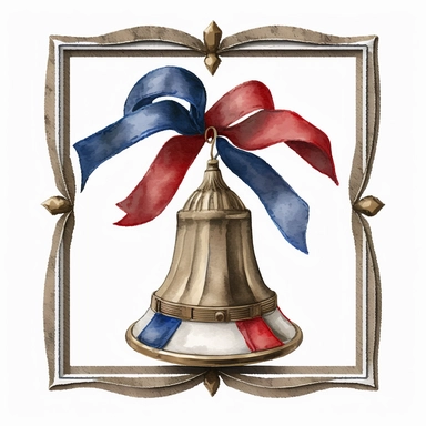 A clipart of the Liberty Bell with a red, white, and blue ribbon, Watercolor, Clipart, transparent background PNG