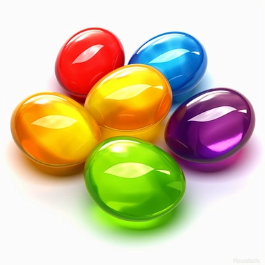 sprite sheet clip art of equally spaced round jelly beans, transparent. red, blue, green, purple, yellow colors. 5 colours PNG format clipart, prerendered 3d, 3d, palletized colours, deep colors, vibrant colors, mobile game art