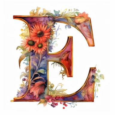 Watercolor illuminated initial, letter E , Clipart, E, witchy, magical, whimsical , white background, png