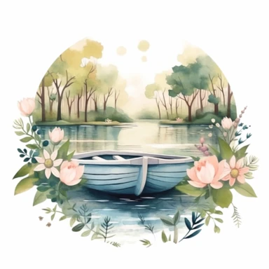 Clipart, isolated on white background, beautiful cuteboat by the lake , forest woodland nature landscape scenery, plants and flowers, ornated, pastel colors