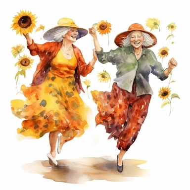 Watercolor Funny old ladies clipart . Women dancing,Sunflowers white background