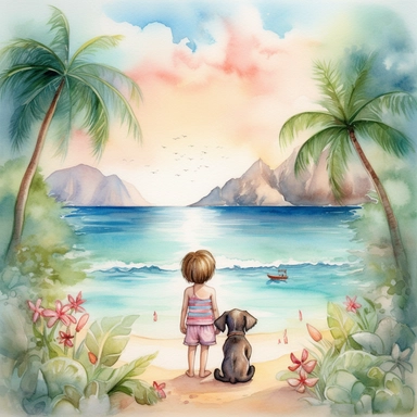 watercolour, tropical island setting, showcase a cute little boy (he is aged 4) standing with his back towards us, sitting overlooking the ocean with his little adorable puppy, the puppy has tropical flowersd around his neck, the feeling is happy, magical, the clouds in the sky are fluffy in the shape of a love heart to signify the love between the little boy and his best friend, boththe boy and the puppy are sitting with their backs towards us, clipart style