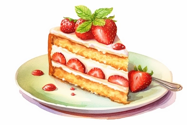 picturesque,a bright simple strawberry sponge cake on dish in family restaurant, mint, clipart on white background, watercolor style,detailing, high quality, painted by Beatrix Potter, 8k