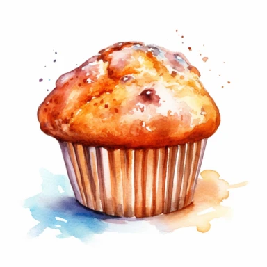 Muffin logo watercolor,simple Watercolor, hyper realistic, white background, white margins, 16k, ultra detailed clipart, cut out image, hand - drawn, whimsical manhwa style, ultra HD, sharp and clean art