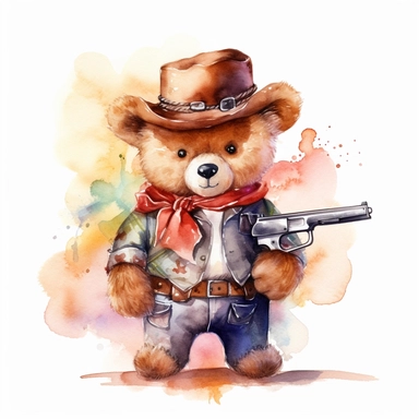 A cute watercolor clipart of a teddy bear dressed in Wild West cowboy attire, with a hat, boots, and a bandana around its neck. The bear has a confident stance and a revolver in its holster