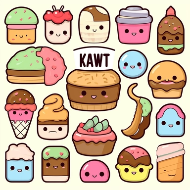 Dive into the world of Kawaii with a clipart collection featuring lovable food items. Design charming characters like smiling sushi rolls, giggling ice cream cones, and cheerful donuts. Let their expressions be infectious, radiating happiness and warmth. Add blushy cheeks, sparkles, and a touch of whimsy to make your Kawaii clipart set irresistibly cute and perfect for adding a playful touch to any project. Kawaii. White background, soft lighting.