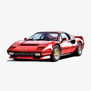 Clipart of a Ferrari 308 GTS minimal details, aquarel colored cartoon style with thick borders. Only the car. White background, no floor, no shadow