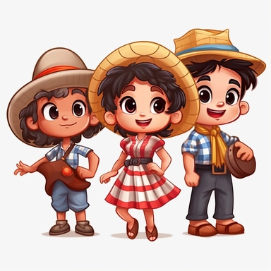 characteres dressed for a brazilian junina, multiple poses em expressions, checkered dress, brown shoes, happy, Monica's gang style, Graphics Maurício de Sousa, digital art, big eyes, cartoon, clipart, country girl from festa junina from brazil cute drawing white background