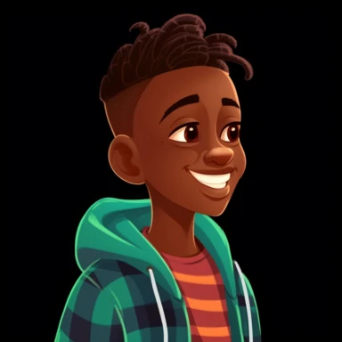 A happy little dark skinned boy with hoodie, fresh fade haircut, laughing, sideview, disney clip art