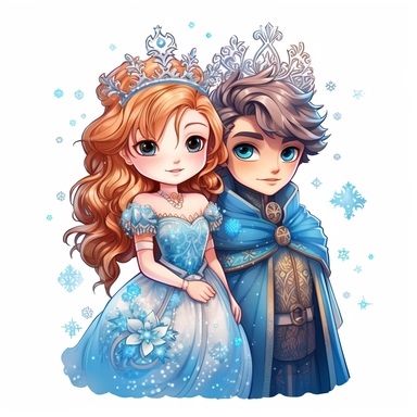 Cute snow Princess and prince Sublimation Clipart,Cartoon,hyper realistic, intricate detail, illustration style,high solution,on the white background