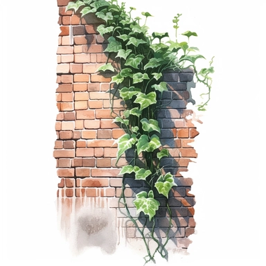 watercolor, hyper realistic, white background, white margins, 16k, ultra detailed clipart, cut out image, hand-drawn, whimsical manhwa style, ultra HD, sharp and clean art a graceful ivy vine climbing up the side of a brick wall, with rich green leaves and tendrils curling around the edges