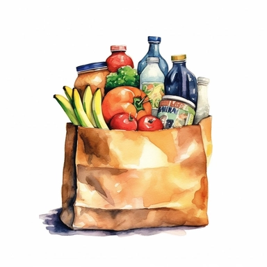 watercolor detailed illustration of Grocery bag with a variety of groceries peeking out, clipart, white background