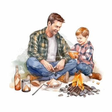 A father and son camping, sitting around a campfire and roasting marshmallows, Watercolor, Clipart, detailed, high resolution, transparent background PNG