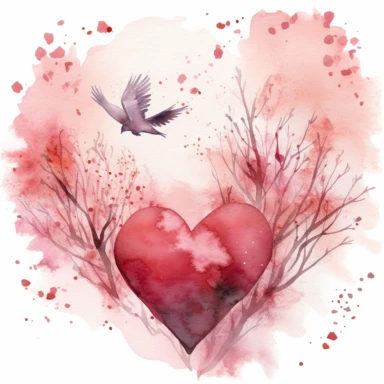 An endearing watercolor scene of love, captured on a white background. Clipart on a white Background. This illustration features two hearts that are whimsically drawn to look as if they are in mid-flight, towards each other. The hearts are painted in shades of deep red and soft pink, with delicate brush strokes that provide a hand-painted texture. Between them, a small 'kiss' is depicted in the form of two tiny lines converging - symbolic of their connection. The overall image exudes warmth and 