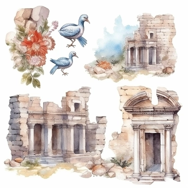 watercolor turkey ephesus ruins, illustrations clipart set, simple, , cartoon elements ,different variants ,marble elements, separate elements with a margin