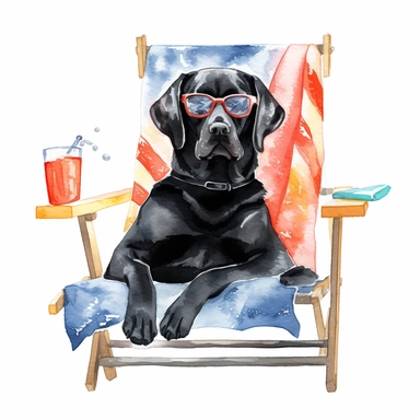 black Labrador retriever laying on beach chair, getting a sun tan, wearing sunglasses, summertime, relaxing, cool dog, watercolor, white background, unbothered, clipart