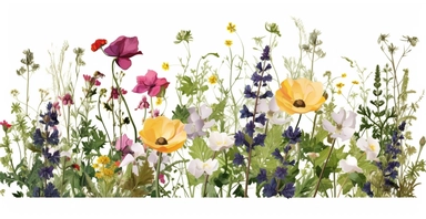 Pressed boho cottagecore snapdragon, cosmos, lupine, anemone and columbine floral border wildflowers with green foliages floral nature garden border, clipart with white background