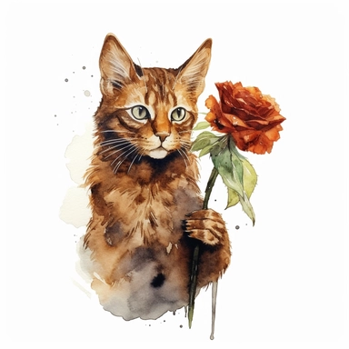 Havana Brown Cat holding flower, watercolor, sharp illustration clipart, insane detail, white background
