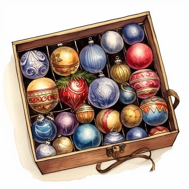 Ella bailey watercolour illustration with black gel pen outline style box of vintage christmas ornaments, high definition, 8k, insanely detailed, fine detail, sharp focus, illustration, white background, isolated clipart vector