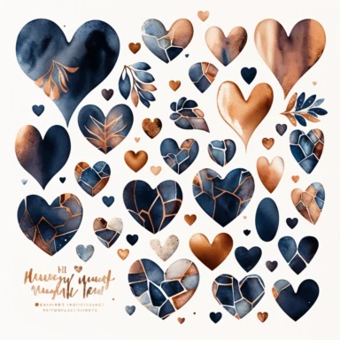 watercolor heart shapes, clipart collection, copper and navy tones, on white background