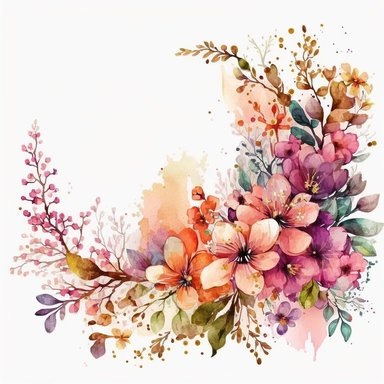 watercolor spring flower border, clipart isolated on clear white background, peach and magenta colors, boho, lithograph, 32k uhd, textural