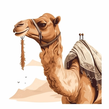 Eid al Adha Camel , Flat vision ， Clip Art Style ， Morandi tone , White background , Exquisite, neat, masterpiece of a master , Rich and accurate details, ultimate luxury 。
