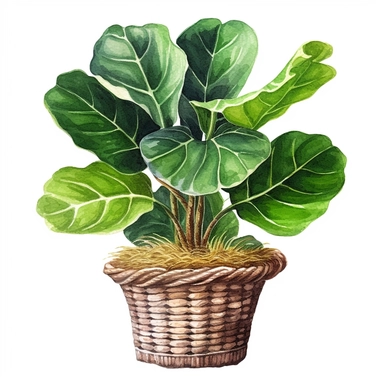 A Fiddle Leaf Fig plant in a wicker basket clipart, white background, watercolor drawing