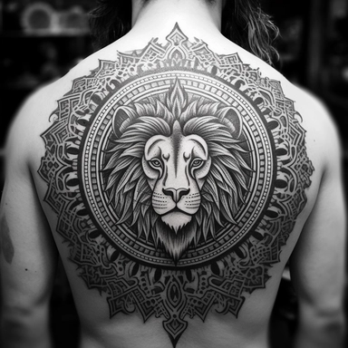 Design a majestic, black and white graphic tattoo that takes inspiration from the Persian 'shir-o-khorsheed' emblem. Feature a lion, standing fearless and calm, bathed in the glow of a radiant sun. The lion's features should be intricately detailed, a symbol of strength and authority. Ensure the sun's rays are bursting forth, giving the impression of a bright future and unfaltering optimism. Intertwine a Shamshir sword into the design, an emblem of courage and valor, perhaps held proudly by the 
