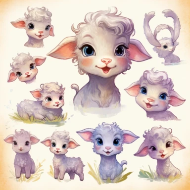 Little lamb happy, character sheet, illustration for book, children's book, multiple positions, Watercolor Clipart, strybk, full Illustration, 4k, sharp focus, watercolor, smooth soft skin, symmetrical, soft lighting, detailed face, concept art, watercolor style, strybk, children's style fairy tales, chibi kawaii, . Octane rendering, 3d. Perfect face, detailed face, delicate face, perfect sharp lips, detailed eyes. Craig Davison, Aubrey Beardsley, Conrad Roset, Aikut Aidogdu, Agnes Cecil, waterc