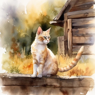 watercolor clipart, curious cat gracefully explores its surroundings, the cat, with its sleek and agile form, moves with a sense of purpose and independence, cat perched on a wooden fence, its eyes filled with a mix of curiosity and confidence, warm sunlight bathes the farm in a soft glow, casting gentle shadows that playfully dance around the cat's silhouette bright sunshine, hyper realistic, isolated white background, 8k, ultra detailed clipart, warm colors