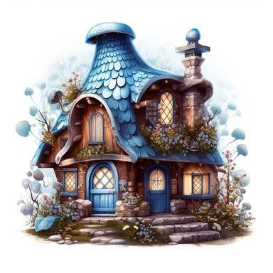 clipart, shades of blue and brown fairy house isolated on a white background, intricate details, vector, pastel colors, realistic, 3D, no shadows