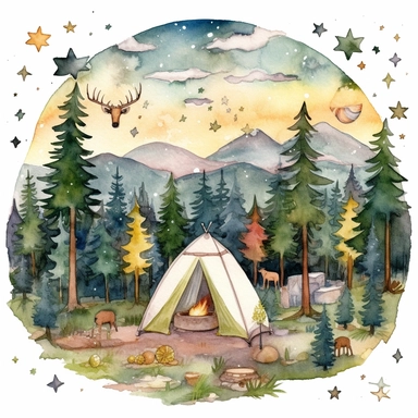 watercolor clipart painting of a Colorado mountain landscape, with evergreen pine trees, pinecones and sage green trees, with some yellow aspen trees and white birch trees, camping tent by a stream with rocks in the babbling brook, a butterfly and dragonfly, some birds, a sunset, hd, mystical and whimsical illustration with a little gold glitter and aurora borealis bubbles, with a few flowers and floral and botanical and ethereal elements, with white background,