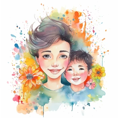 Hispanic mother's day watercolor illustration, with her son, cute happy family, watercolor clipart, watercolor splashes, cartoon style, white background
