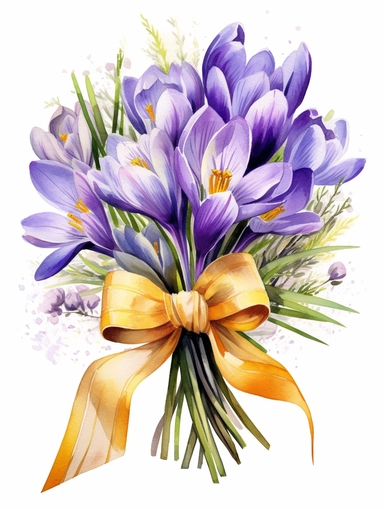 beautiful, bright colors, [crocus floral bouquet] with a tied bow ribbon, watercolor, cinematic, dramatic, realistic, very detailed, white background, clipart,