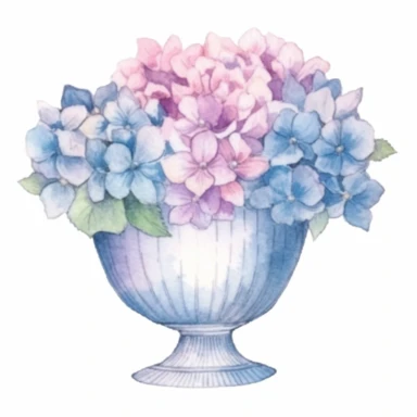 Design a dreamy watercolor clipart of a Centerpiece arrangement with a Bouquet of hydrangeas in shades of blue, purple, and pink arranged in a compact design composition, hand-painted with soft and graceful brushstrokes. Draw inspiration from the artistic finesse of Ethereal Petals Watercolors for a refined and ethereal depiction. isolated on a white background, hand-drawn illustration, hand-painted watercolor texture, 16k UHD resolution, intricately detailed, sharp focal points, designed by Ana